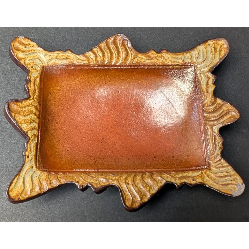 Vtg U-Turn Signed Pottery Dish Semi-Glazed 7.5x6" Footed Artisan Entryway Desk